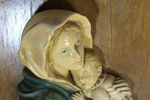 Antique French wood wall plaque with chalkware relief madonna child figurine