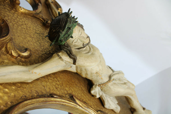 Antique Large wood carved polychrome Wall plaque crucifix religious rare