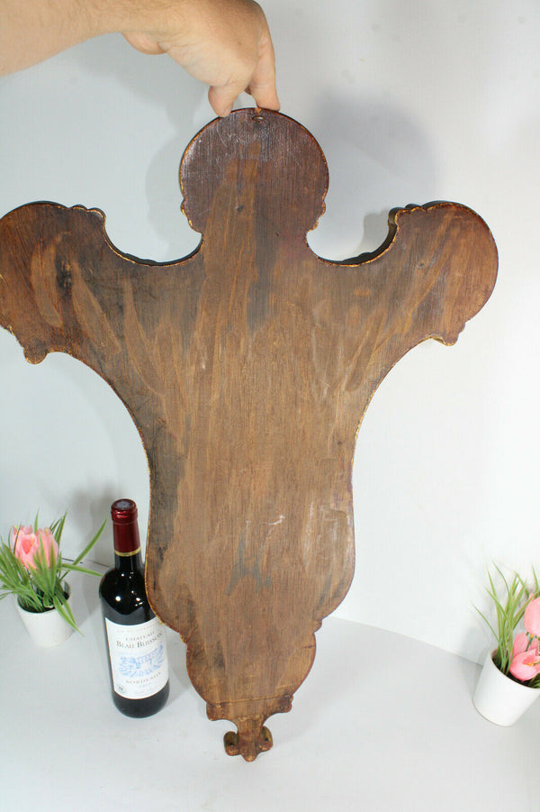 Antique Large wood carved polychrome Wall plaque crucifix religious rare