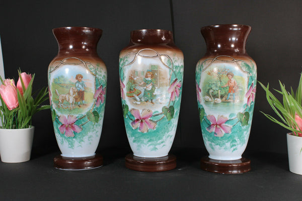 Set 3 antique french opaline glass enamel floral decor dog duck swan romantic
