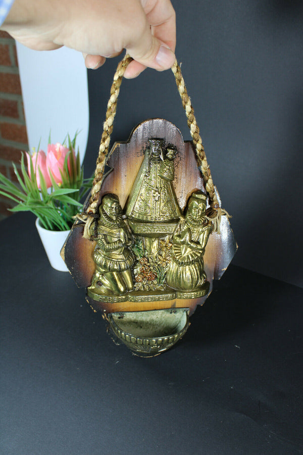 Vintage metal wood holy water font wall plaque madonna montaigu