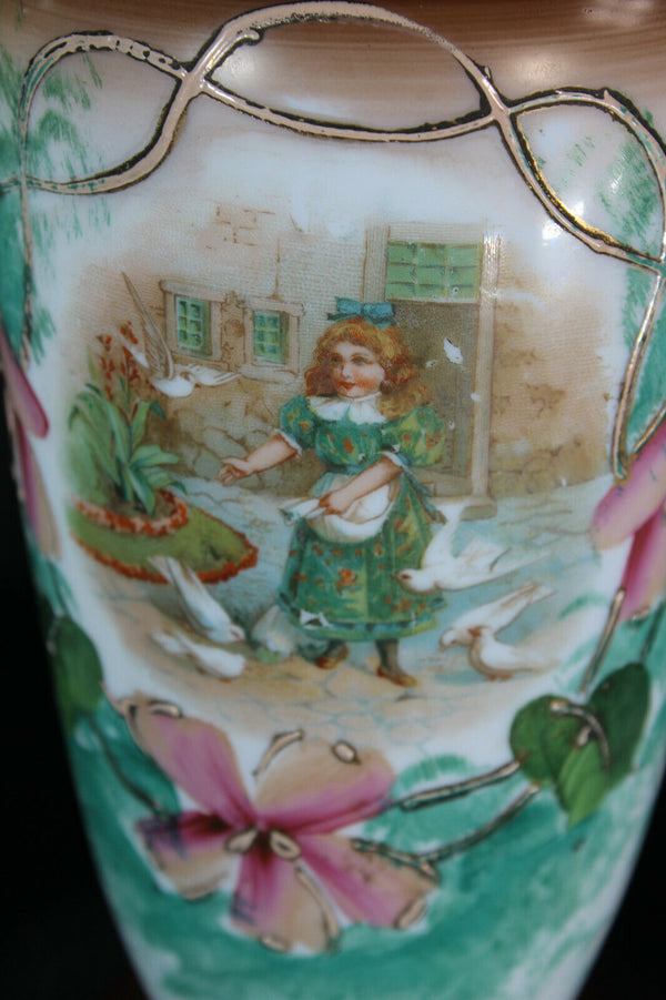 Set 3 antique french opaline glass enamel floral decor dog duck swan romantic