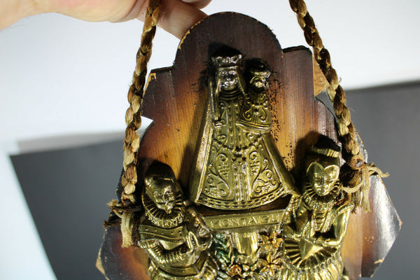 Vintage metal wood holy water font wall plaque madonna montaigu