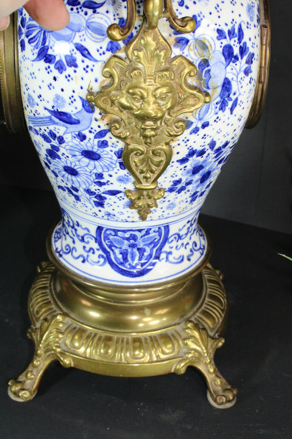 Antique Belgian boch Delft blue white faience lion heads clock