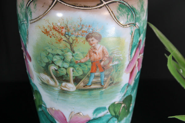 Set 3 antique french opaline glass enamel floral decor dog duck swan romantic