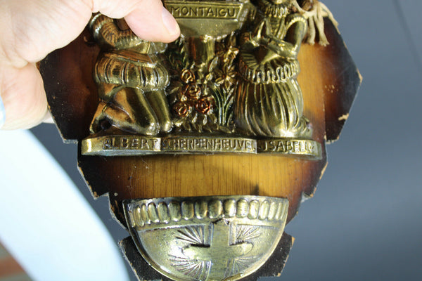 Vintage metal wood holy water font wall plaque madonna montaigu