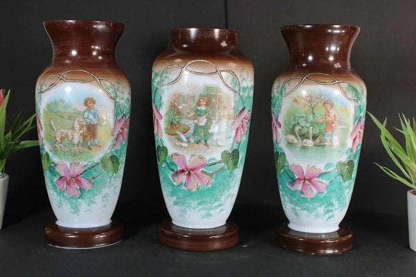 Set 3 antique french opaline glass enamel floral decor dog duck swan romantic