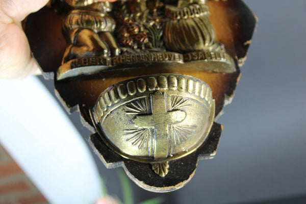 Vintage metal wood holy water font wall plaque madonna montaigu