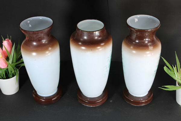 Set 3 antique french opaline glass enamel floral decor dog duck swan romantic