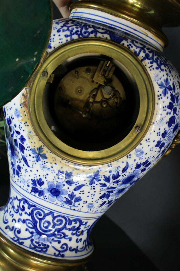 Antique Belgian boch Delft blue white faience lion heads clock