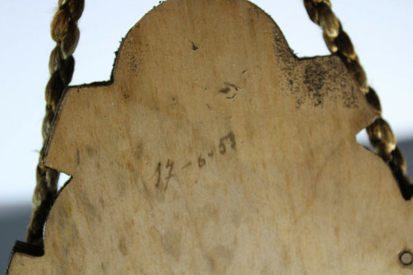 Vintage metal wood holy water font wall plaque madonna montaigu