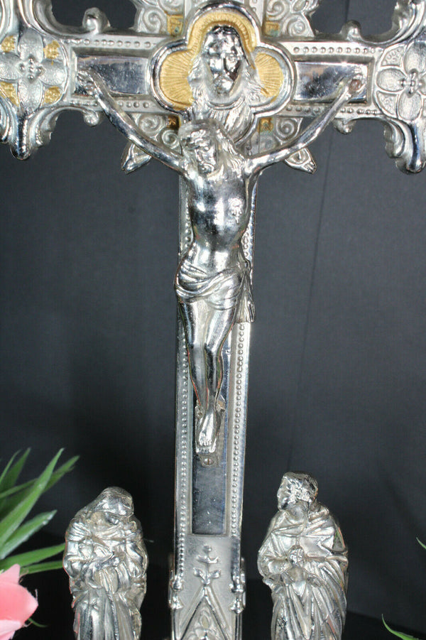 Antique French spelter zinc Crucifix Calvary 4 evangelist symbols religious