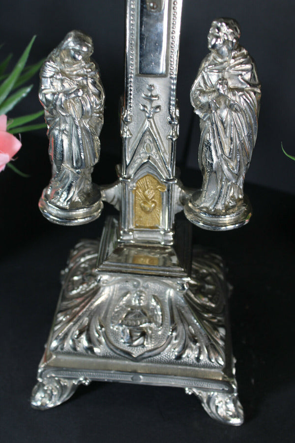 Antique French spelter zinc Crucifix Calvary 4 evangelist symbols religious