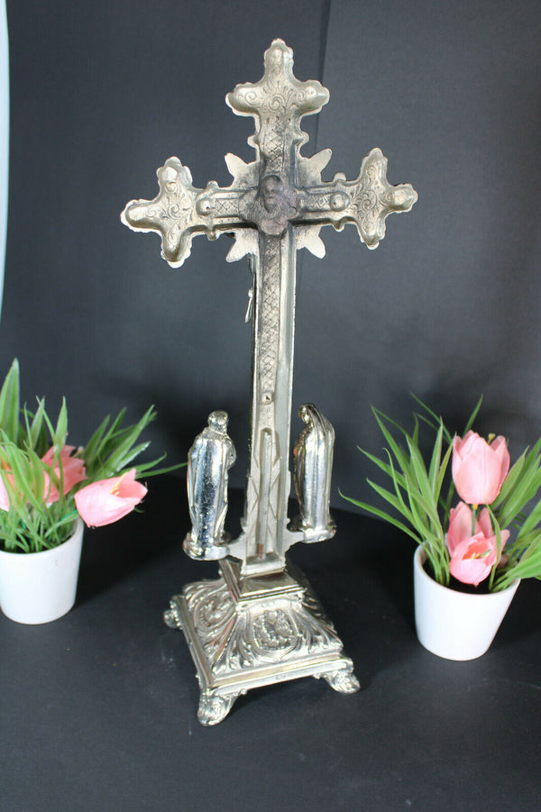 Antique French spelter zinc Crucifix Calvary 4 evangelist symbols religious