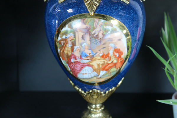 PAIR french porcelain Vases brass handles romantic decors