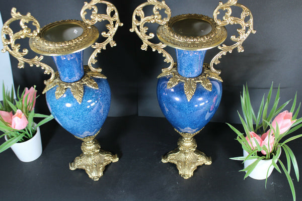 PAIR french porcelain Vases brass handles romantic decors