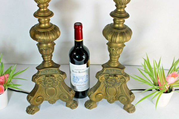 PAIR XXL french Church bronze altar candle holder lamps religious
