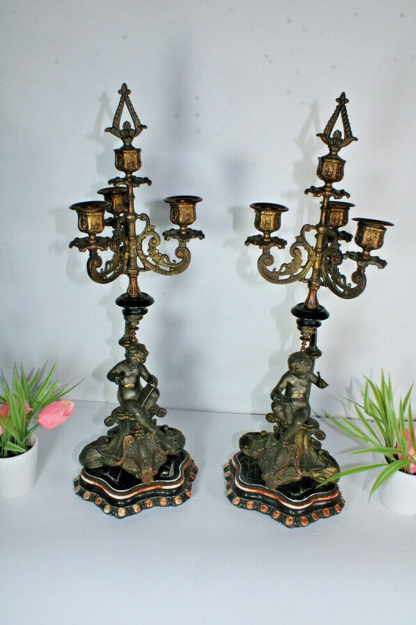 PAIR antique Cherub putti figural Candelabras candle holders zamac metal