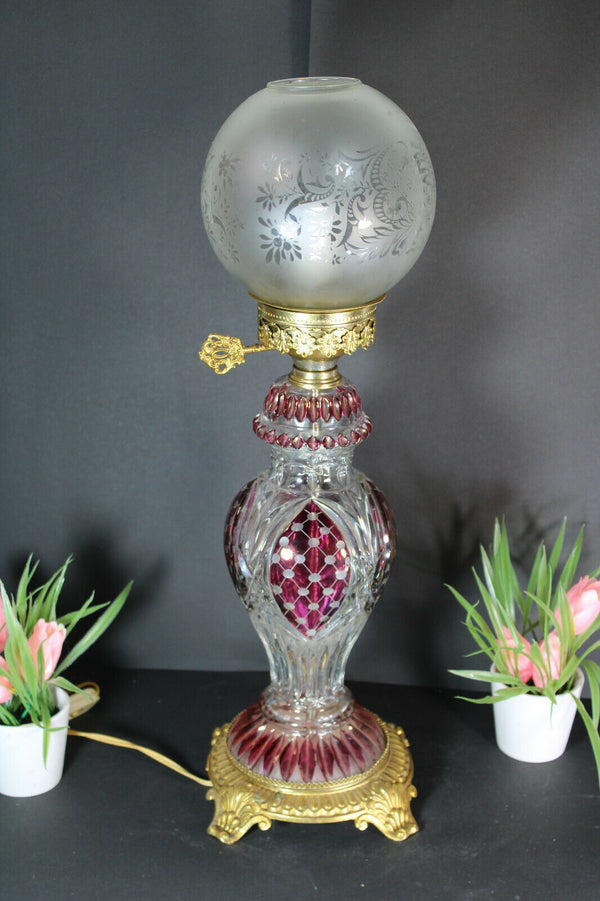 French vintage crystal glass cut Table lamp Cranbrerry Glass shade rare 1960