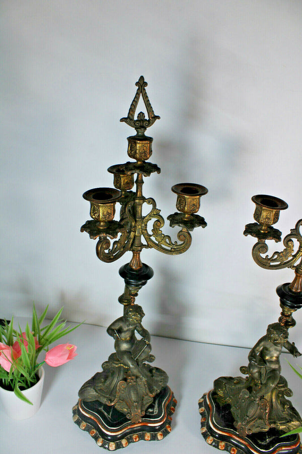 PAIR antique Cherub putti figural Candelabras candle holders zamac metal