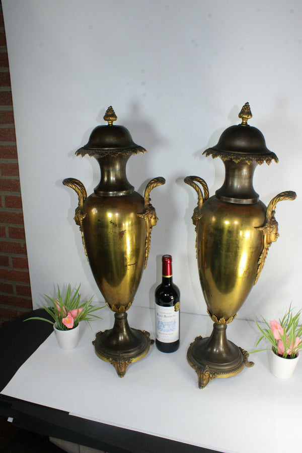 PAIR antique XL MEtal copper Vases bronze caryatid heads