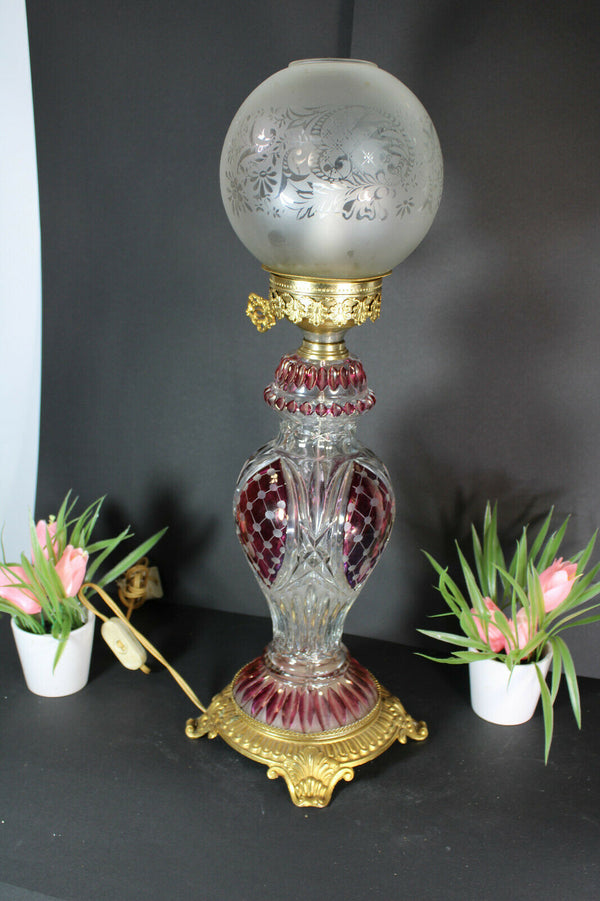 French vintage crystal glass cut Table lamp Cranbrerry Glass shade rare 1960