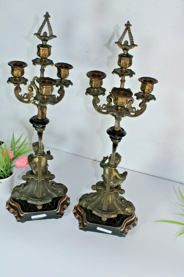 PAIR antique Cherub putti figural Candelabras candle holders zamac metal