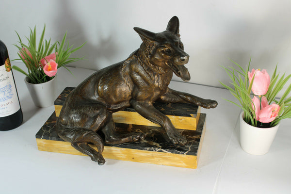 Antique French art deco marble spelter zamac dog Marble base statue sculpture