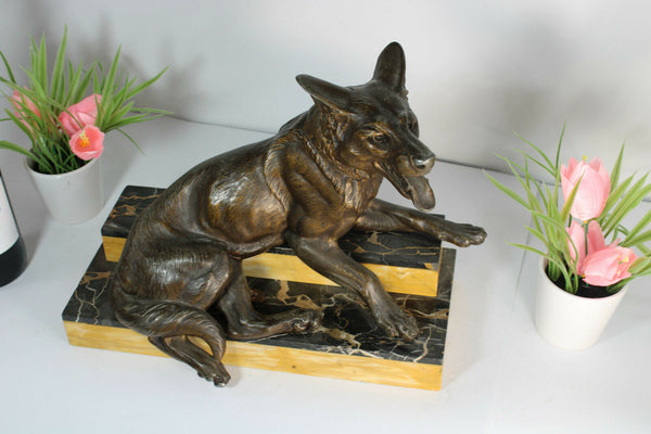 Antique French art deco marble spelter zamac dog Marble base statue sculpture