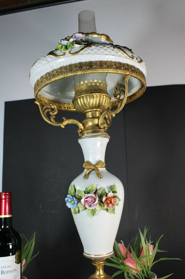 XL French porcelain Faience Table lamp floral decor ram heads