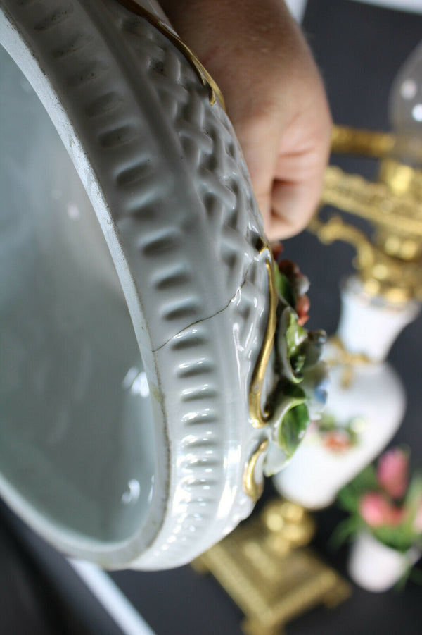 XL French porcelain Faience Table lamp floral decor ram heads