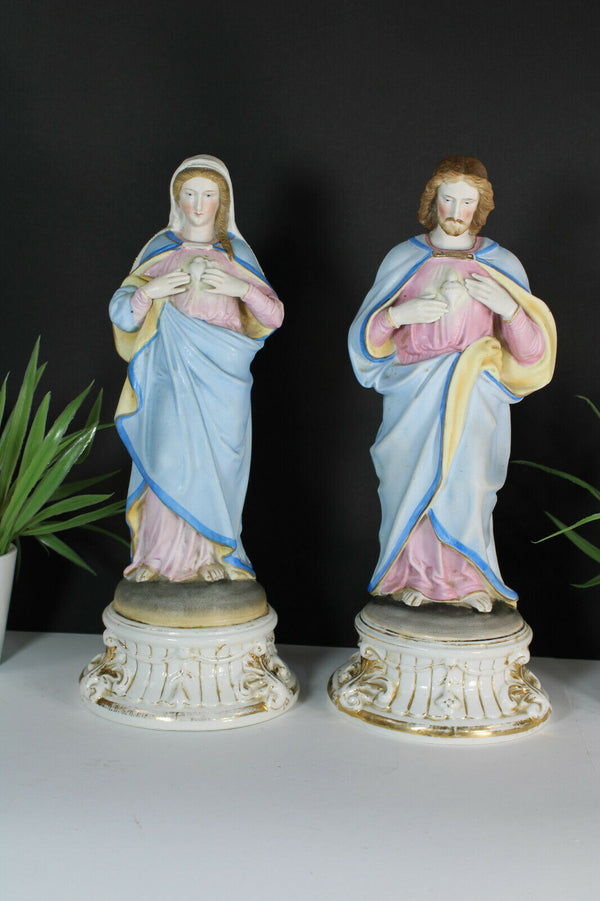 PAIR antique vieux andenne bisque porcelain sacred heart christ mary statue rare