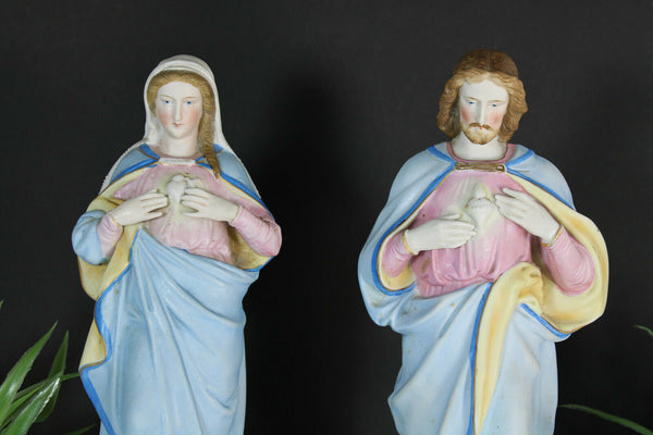 PAIR antique vieux andenne bisque porcelain sacred heart christ mary statue rare