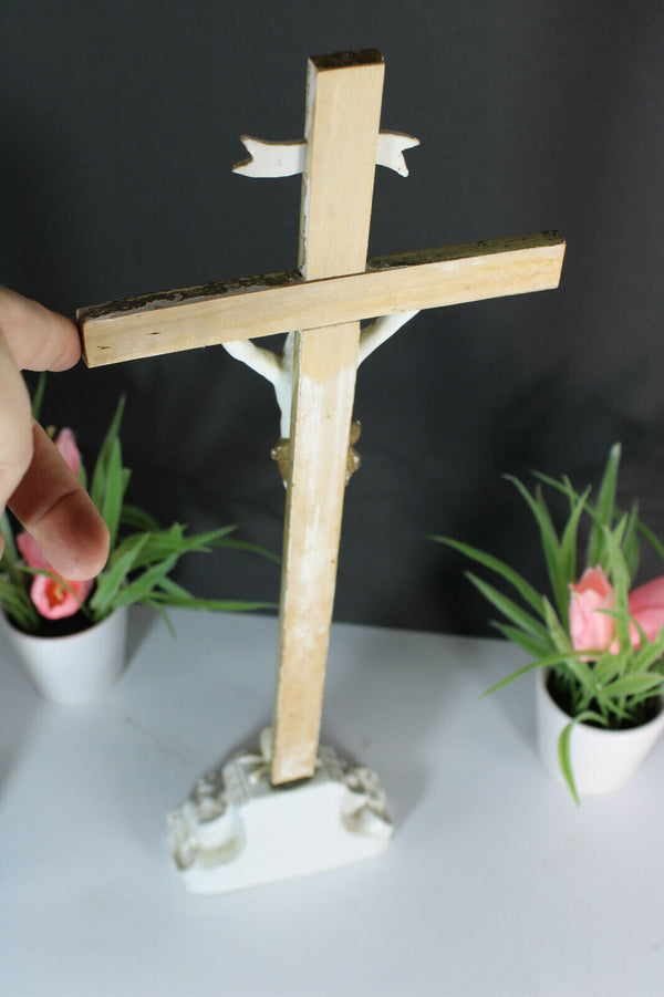 Antique French vieux paris porcelain crucifix angel bisque