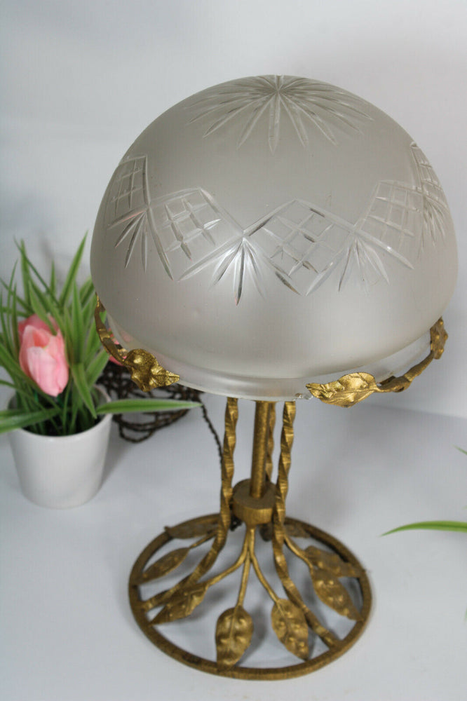 Antique Art nouveau Bronze Floral Frame mushroom crystal glass bowl lamp