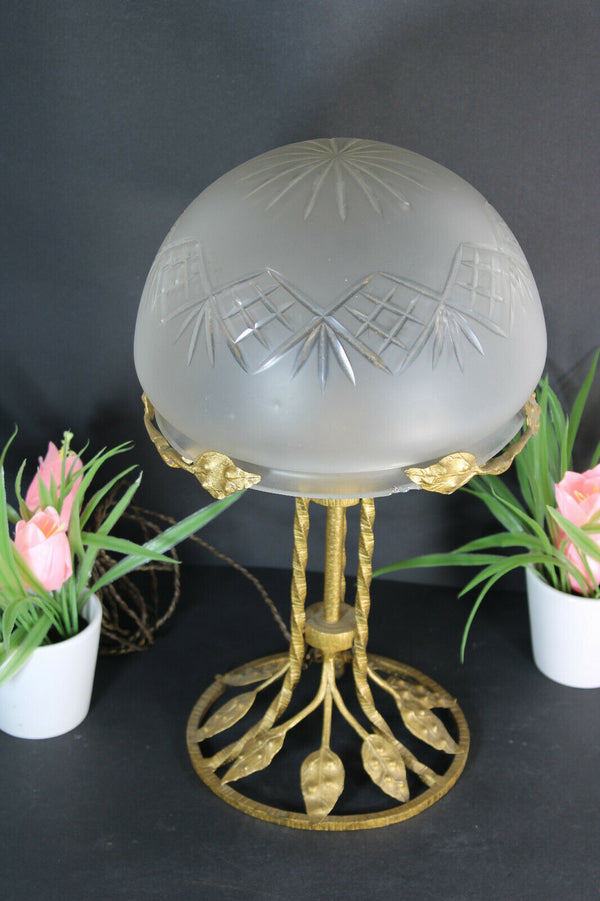Antique Art nouveau Bronze Floral Frame mushroom crystal glass bowl lamp