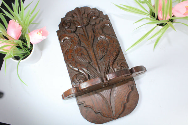 Antique French wood carved wall pipe rack console birds rare