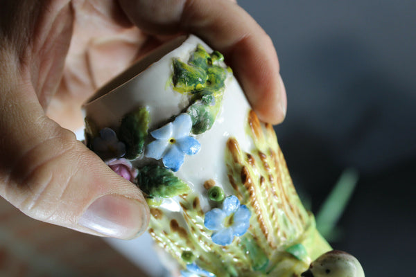 PAIR French porcelain faience putti angels cherub birds statue