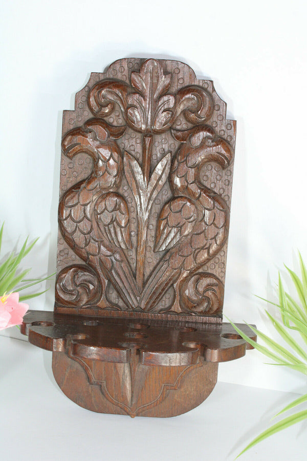 Antique French wood carved wall pipe rack console birds rare