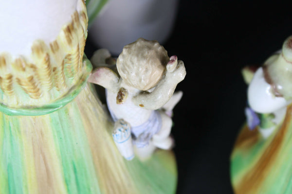 PAIR French porcelain faience putti angels cherub birds statue