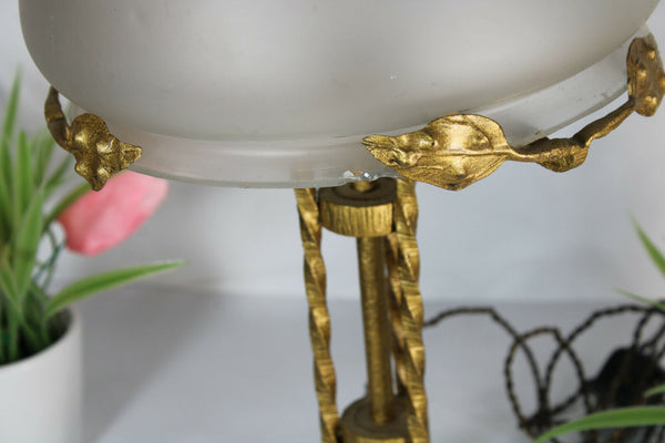 Antique Art nouveau Bronze Floral Frame mushroom crystal glass bowl lamp