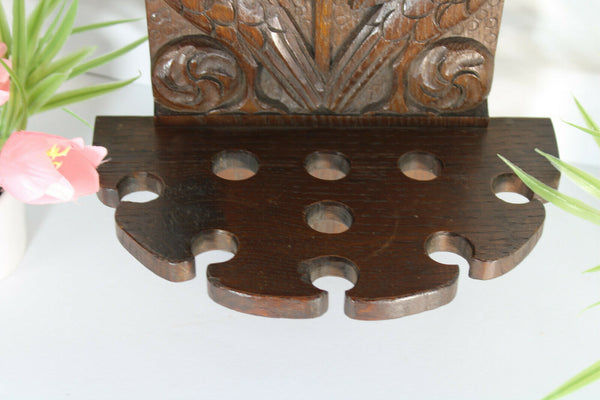 Antique French wood carved wall pipe rack console birds rare