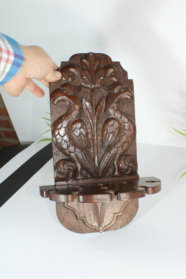 Antique French wood carved wall pipe rack console birds rare