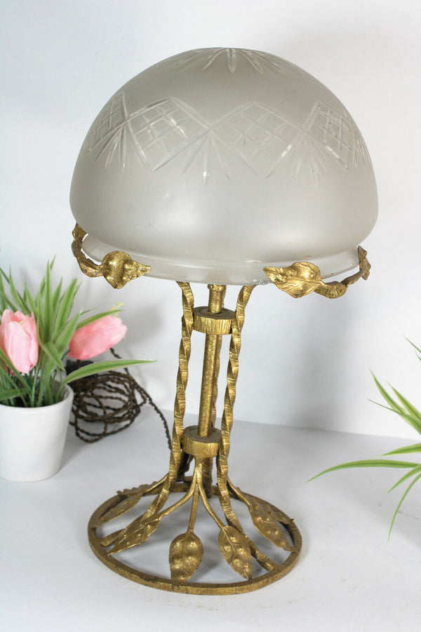 Antique Art nouveau Bronze Floral Frame mushroom crystal glass bowl lamp
