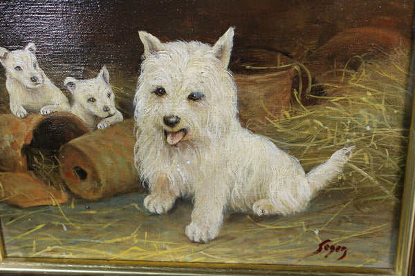 Vintage oil canvas dog painting signed