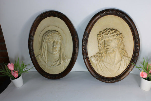 PAIR antique wood carved frame chalkware plaques MAry Christ relief wall