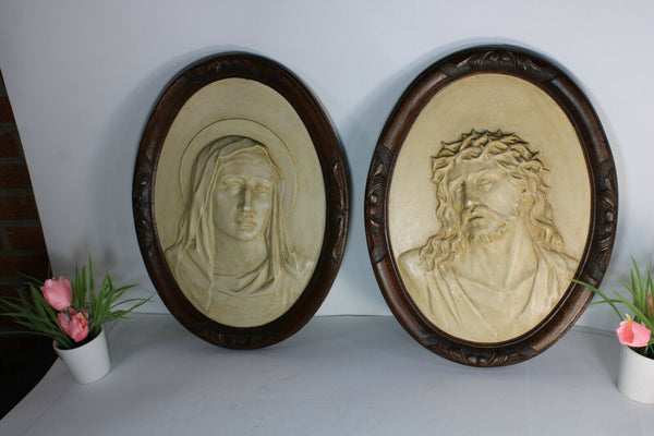 PAIR antique wood carved frame chalkware plaques MAry Christ relief wall