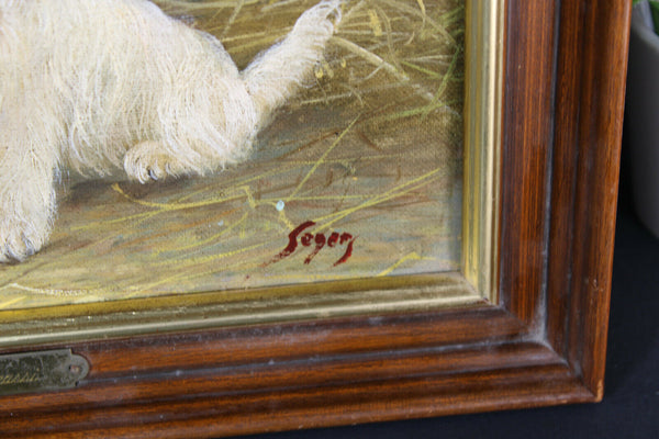 Vintage oil canvas dog painting signed