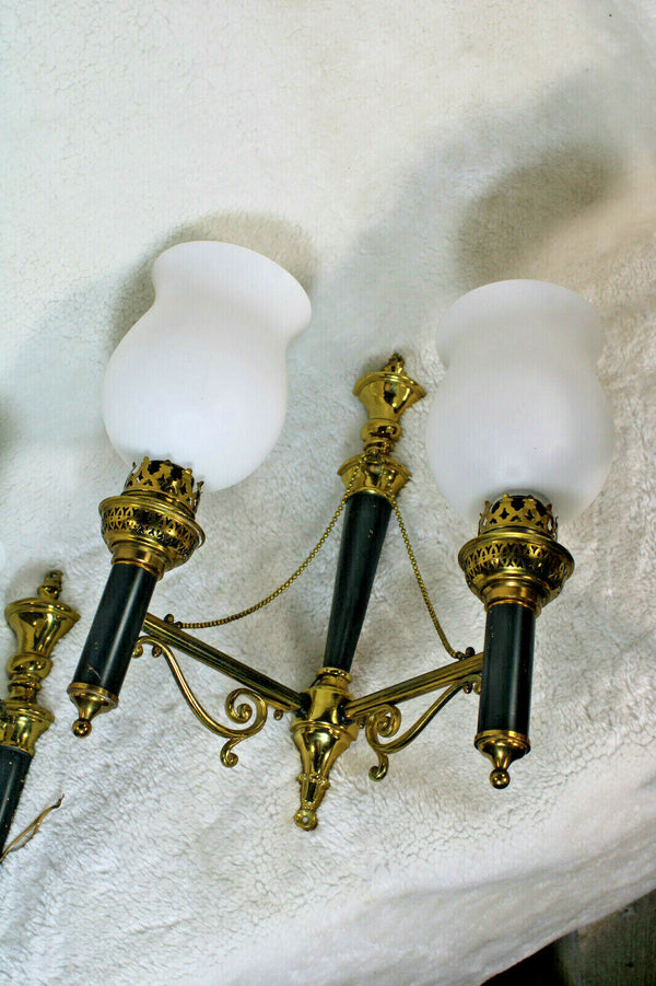Set 3 bronze opaline Wall lights sconces Torch model Attr. maison arbus 1970s