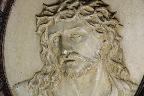 PAIR antique wood carved frame chalkware plaques MAry Christ relief wall